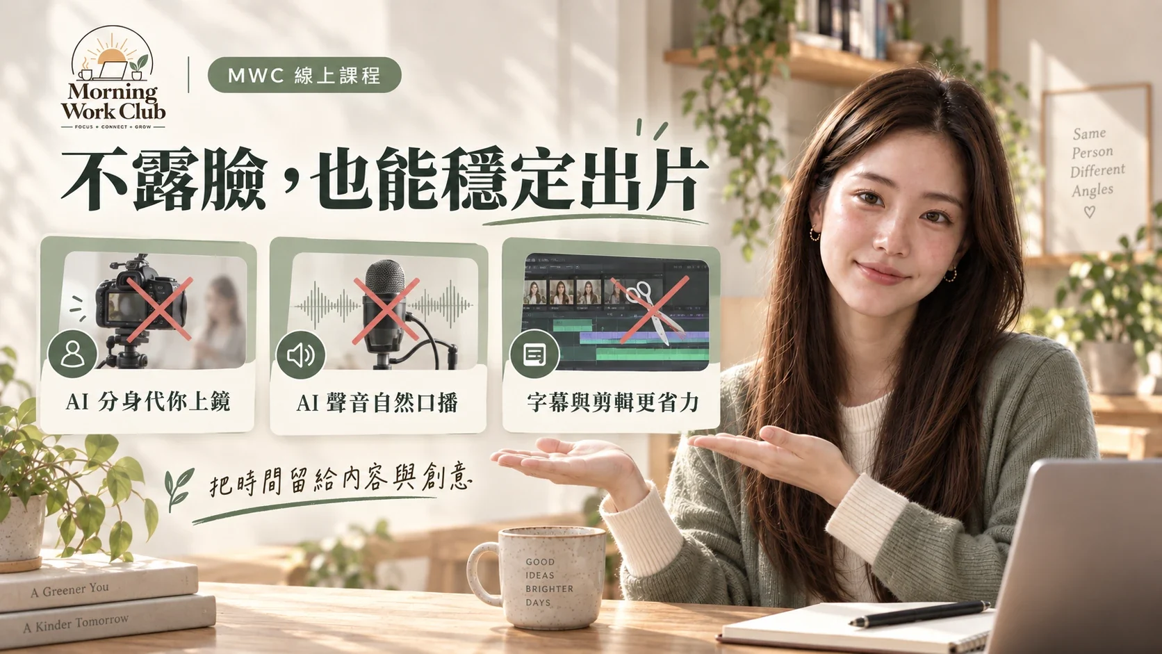 不露臉，也能穩定出片：AI 分身代你上鏡、AI 聲音自然口播、字幕與剪輯更省力。把時間留給內容與創意。